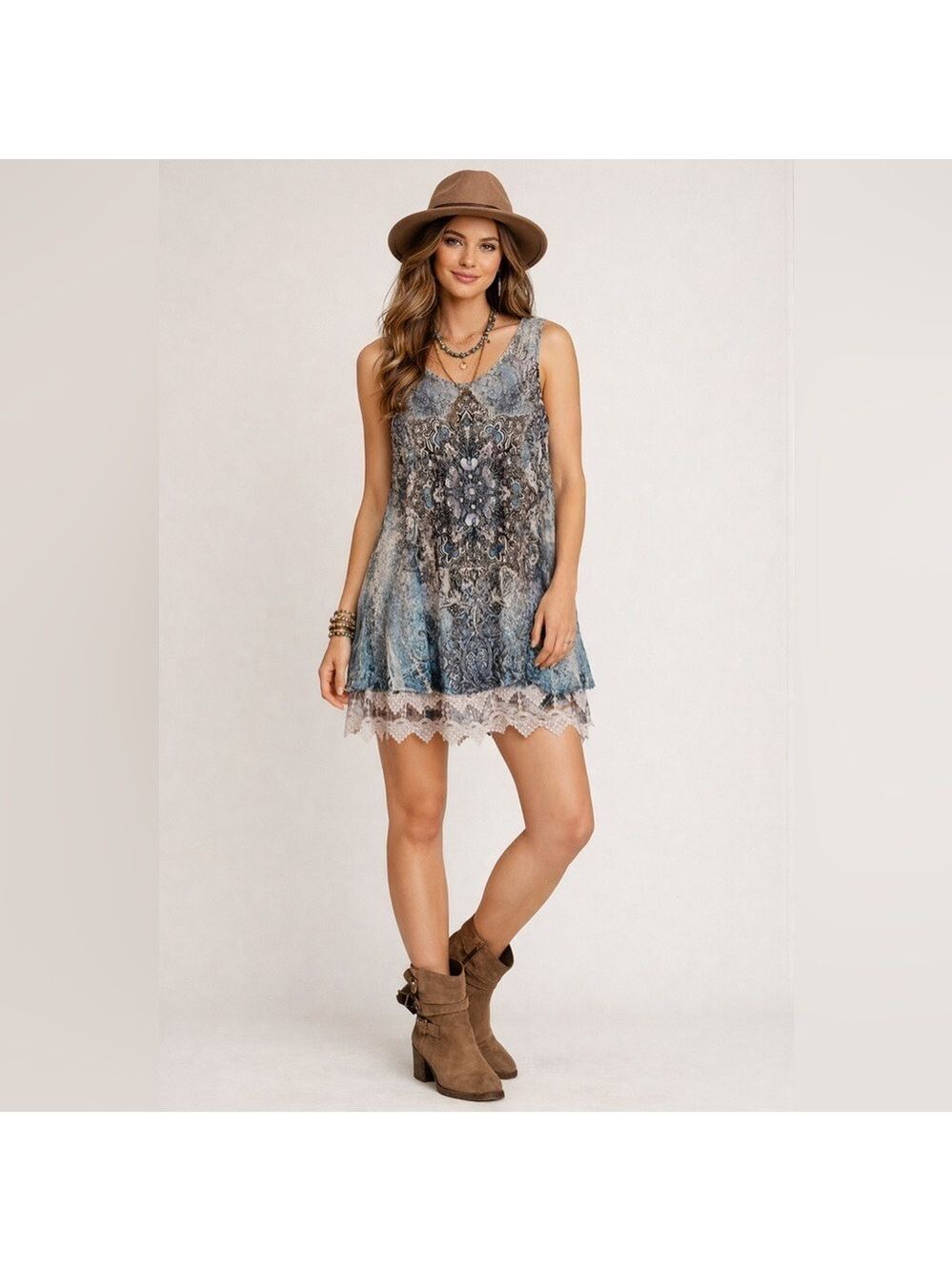 Origami Sleeveless Boho Tunic Dress Lace Hem Blue Print Size Small Festival